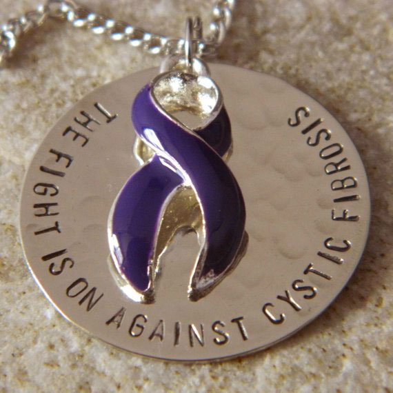 The Fight is on Against Cystic Fibrosis Awareness Necklace w/ Purple Ribbon